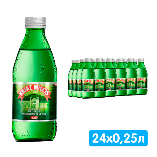 Вода Knjaz Milos 0.25 литра, газ, стекло, 24 шт. в уп.