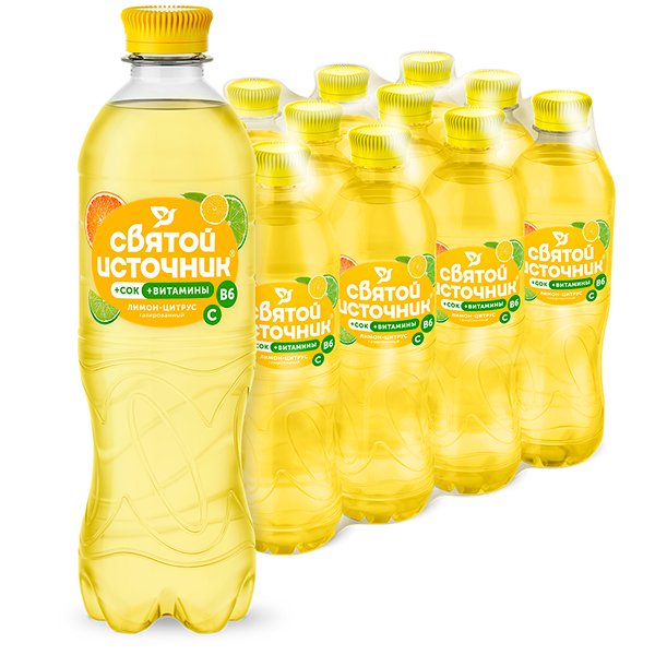 Святой Источник со вкусом лимон + цитрус, газ, пэт, 0.5 литра, 12 шт. в уп.