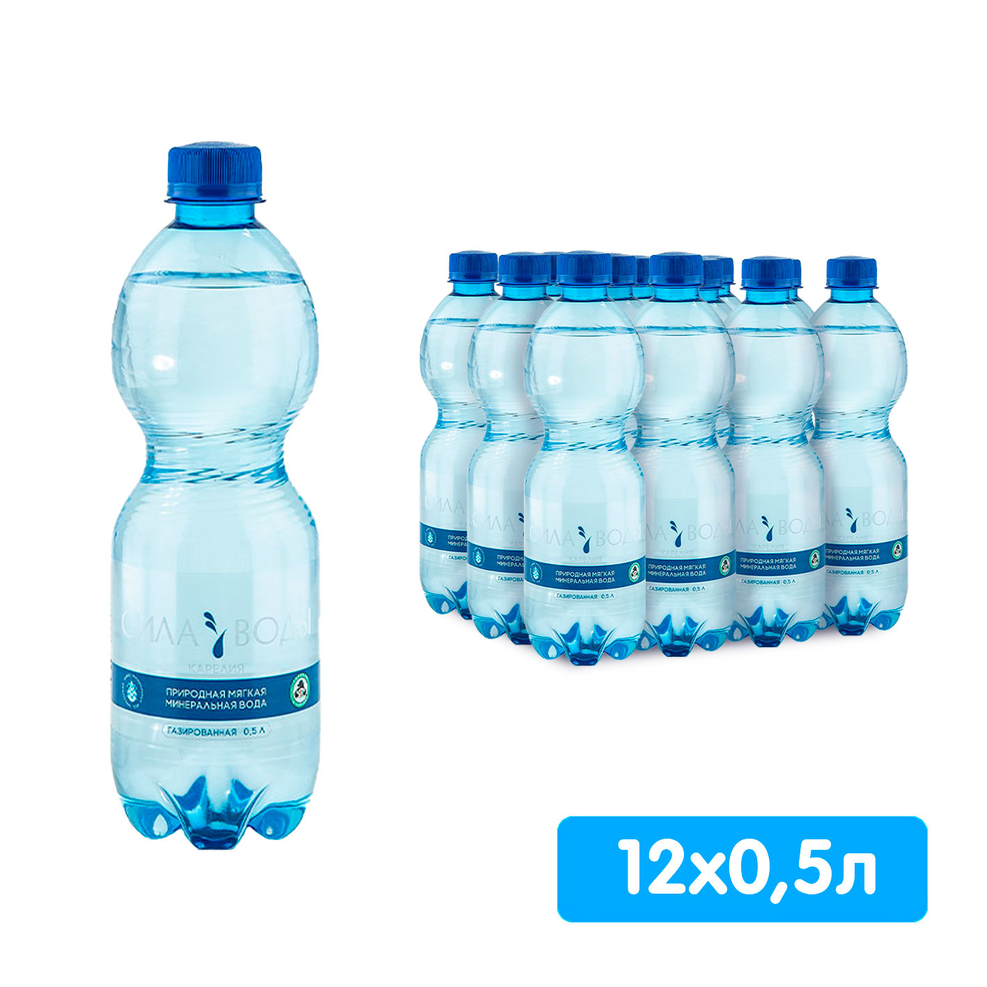 Вода Сила воды Карелия 0.5 литра, газ, пэт, 12 шт. в уп.