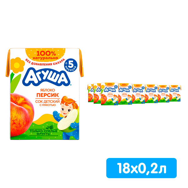 Сок Агуша яблоко-персик с мякотью 0.2 литра, 18 шт. в уп. Сок Агуша яблоко-персик с мякотью 0.2 литра, 18 шт. в уп.
