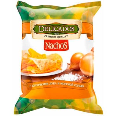Чипсы Delicados Nachos кукурузные с кусочками лука и морской солью 150 гр