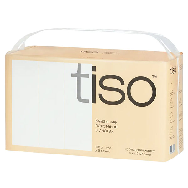 Бумажные полотенца Tiso для диспенсера белые 2х-слойные 22x21 см (150х6 шт)