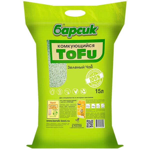 Наполнитель Барсик Tofu Зелёный чай комкующийся 15 л