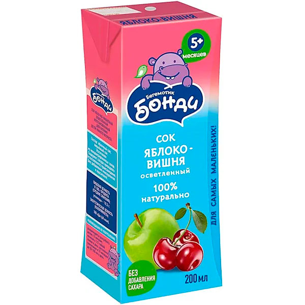 Сок Бегемотик Бонди яблоко-вишня 0.2 литра, 27 шт. в уп.