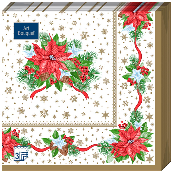 Салфетки бумажные Art Bouquet Золотые снежинки 3 слоя 33x33 см, ассорти, 20 шт.