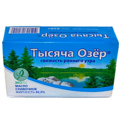 Масло Тысяча Озер сливочное несоленое 82,5% БЗМЖ 450 гр