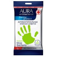Влажные салфетки Aura антибактериальные Ромашка/Лимон 15 шт