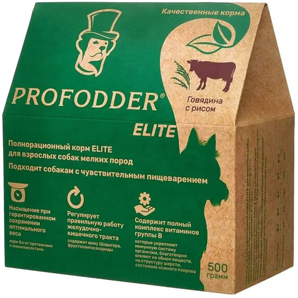 

Корм сухой Profodder ELITE говядина с рисом для собак мелких пород с чувствительным пищеварением 500 гр
