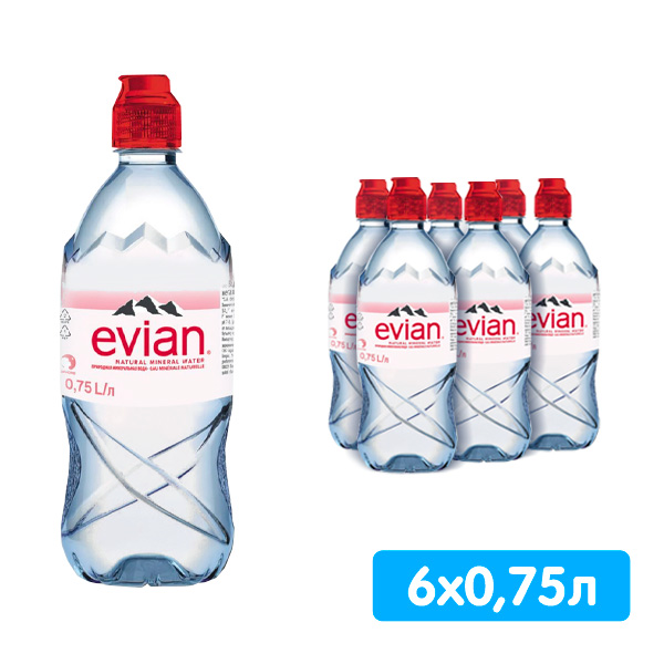 Вода Evian 0.75 литра, спорт, без газа, пэт, 6 шт. в уп.