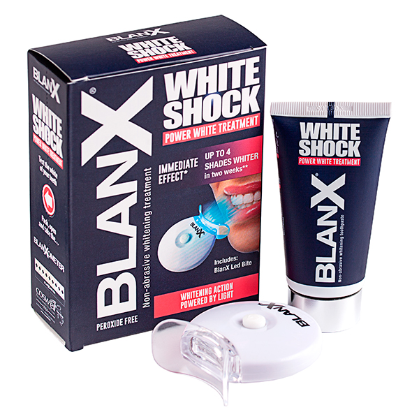 Зубная паста отбеливающая Blanx White Shock Treatment + Led Bite Отбеливающий уход + световой активатор 50 мл Зубная паста отбеливающая Blanx White Shock Treatment + Led Bite Отбеливающий уход + световой актива - фото 1