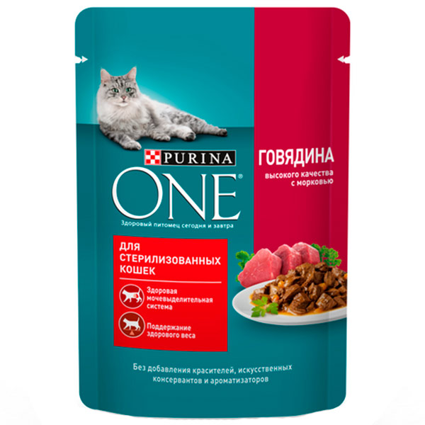 Корм Purina One для стерилизованных кошек говядина морковь 75 гр., 26 уп.