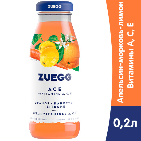 Напиток Zuegg апельсин-морковь-лимон с витаминами A, C, E 0,2 литра 24 шт. в уп.