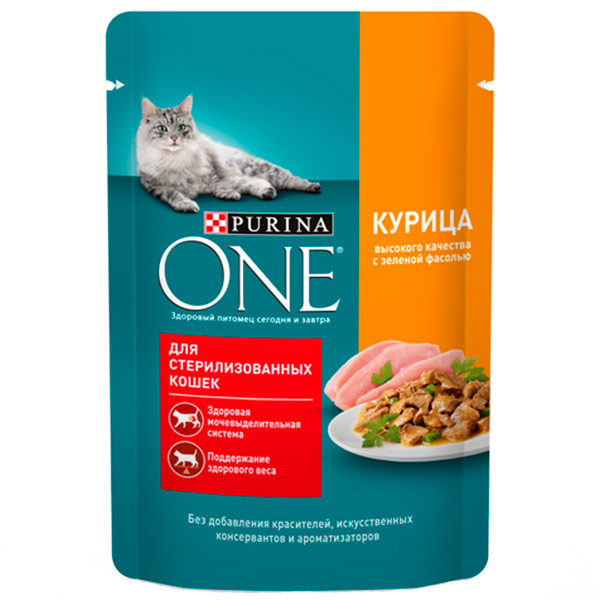 Корм Purina One для стерилизованных кошек курица с зеленой фасолью 75 гр., 26 уп.