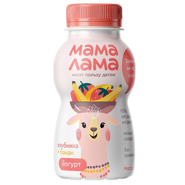 Йогурт Мама Лама питьевой клубника-банан с 3 лет 2,5% БЗМЖ 200 мл