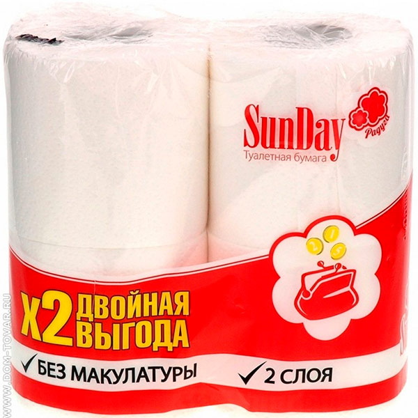 Туалетная бумага SunDay 2 слоя 4 шт. в уп