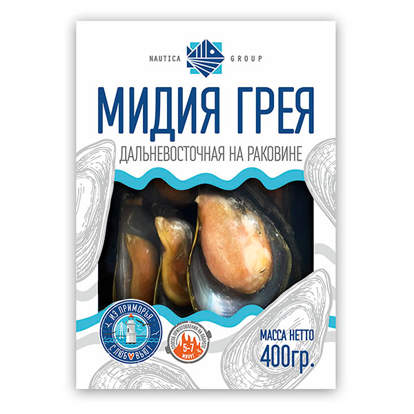 Мидии Грея Тихоокеанские Nautica Group на раковине варено-мороженые 400 гр