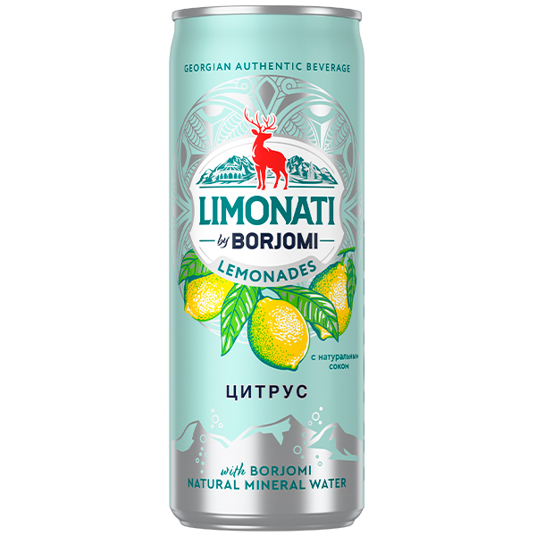 Напиток Limonati by Borjomi с соком цитрусов, газ, ж/б, 0.33 литра, 12 шт. в уп.