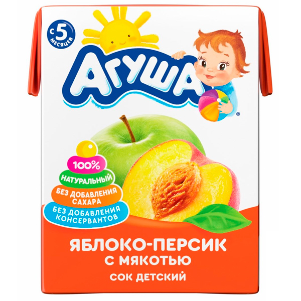 Сок Агуша яблоко-персик с мякотью 0,2 литра, 18 шт. в уп.