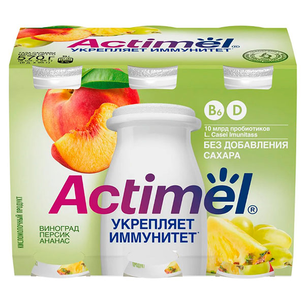 Кисломолочный продукт Actimel виноград персик и ананас 2,2% БЗМЖ 6шт х 95 гр