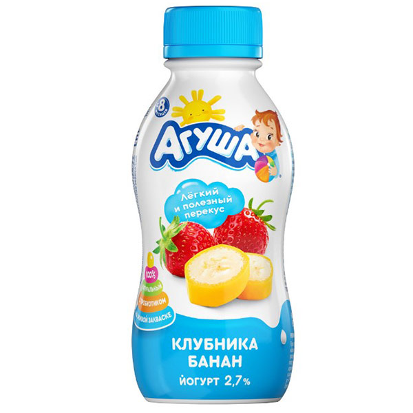 Йогурт Агуша питьевой клубника-банан с 8 месяцев 2,7% БЗМЖ 180 гр