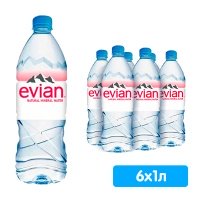Вода Evian 1 литр, без газа, пэт, 6 шт. в уп.