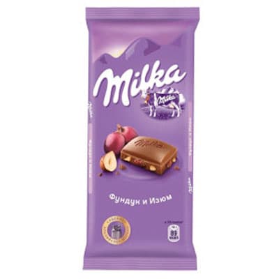 Шоколад Milka молочный фундук и изюм 90 гр