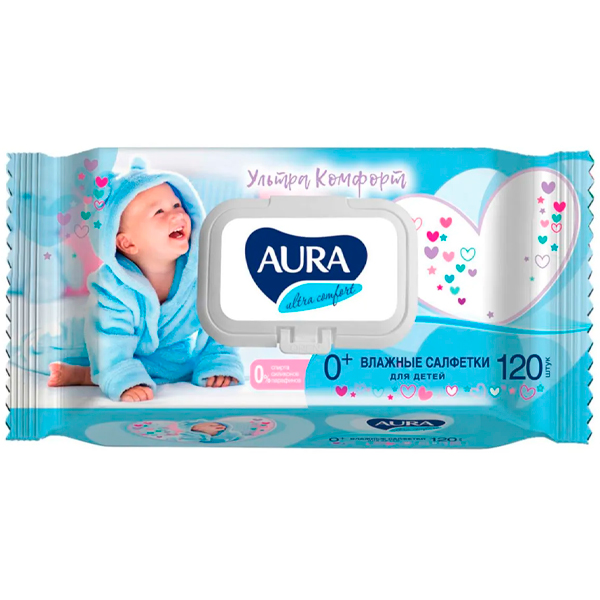 Салфетки влажные AURA Comfort Алоэ детские с витамином Е с крышкой 120 шт