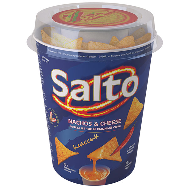 Чипсы Salto Nachos кукурузные классик 60 гр + сырный соус 80 гр