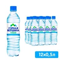 Вода Горная Вершина природная питьевая 0.5 литра, без газа, пэт, 12 шт. в уп.
