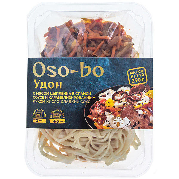 Удон Oso-bo с мясом цыпленка в спайси соусе и карамелизированным луком замороженный 250 гр