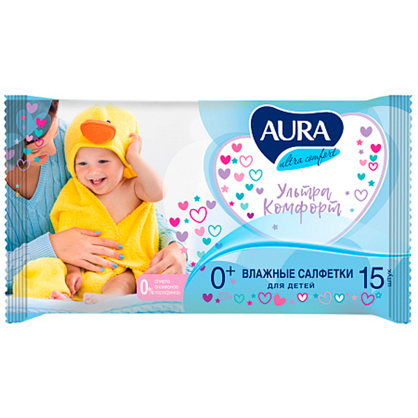 Салфетки влажные AURA детские Ultra Comfort 15 шт