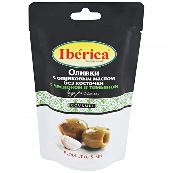 Оливки Iberica с оливковым маслом чесноком и тимьяном без косточки без рассола 70 гр