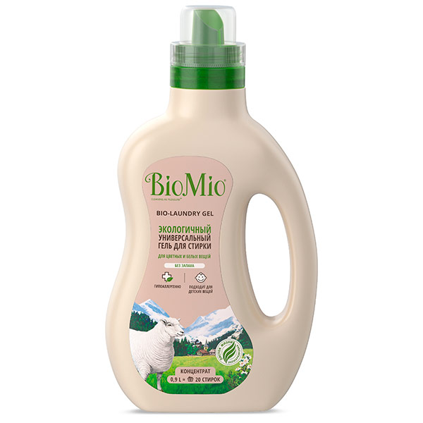 Гель Bio Mio для стирки экологичный универсальный для цветных и белых вещей без запаха 0,9 л