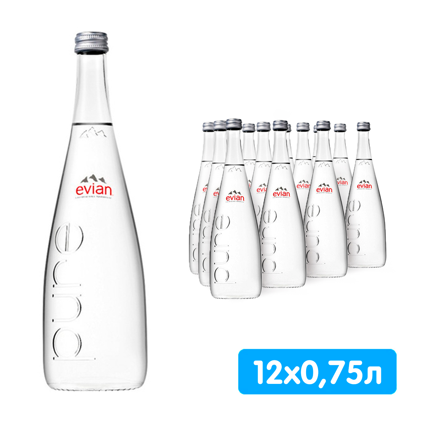 Вода Evian 0.75 литра, без газа, стекло, 12 шт. в уп Вода Evian 0.75 литра, без газа, стекло, 12 шт. в уп. - фото 1