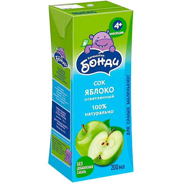 Сок Бегемотик Бонди яблоко 0.2 литра, 27 шт. в уп.