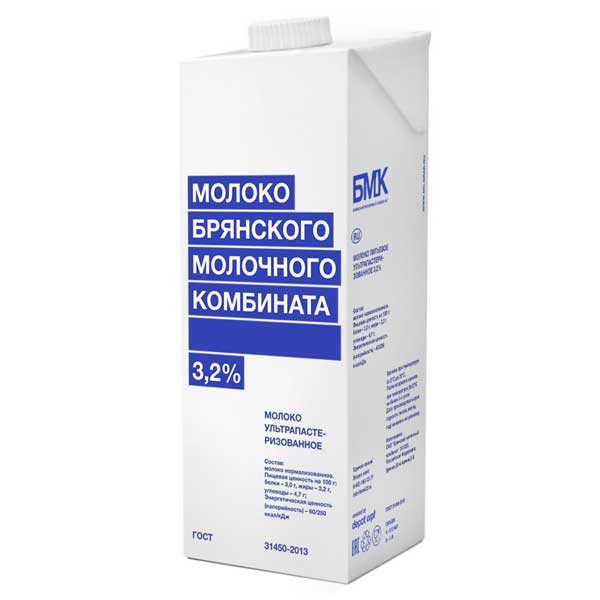 Молоко Брянского Молочного Комбината ультрапастеризованное 3,2% БЗМЖ 0.975 литра, 6 шт. в уп