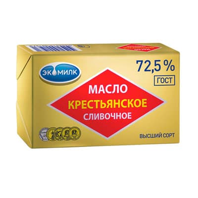 Масло Экомилк Крестьянское сливочное 72,5% БЗМЖ 180 гр