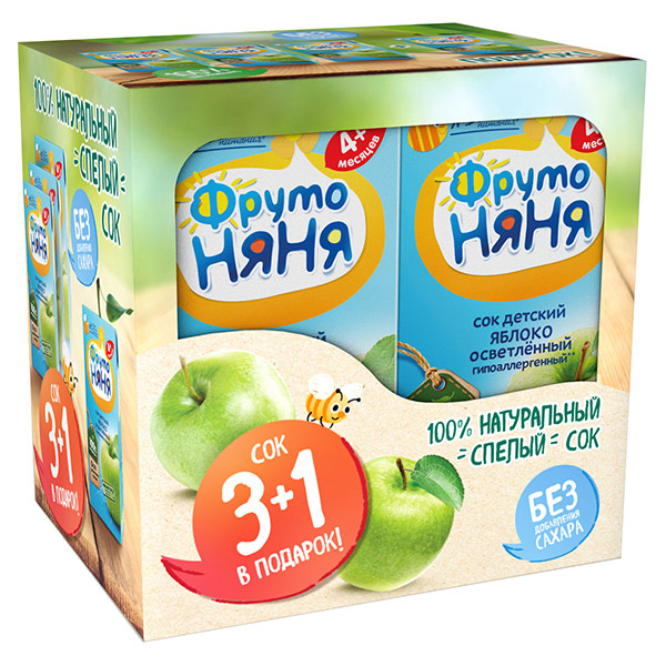 Сок детский 4+ ФрутоНяня яблоко осветлённый мультипак 0.2 литра, 4 шт. в уп.