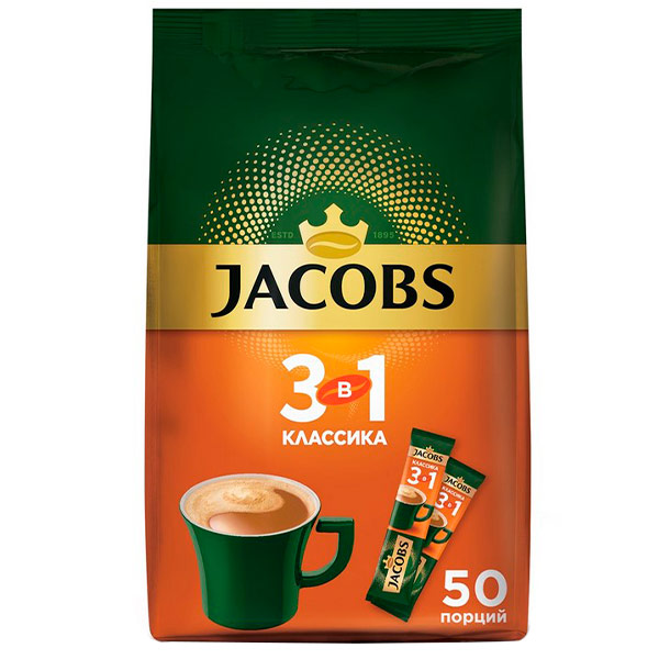 Кофейный напиток Jacobs classic растворимый 3 в 1, 50 пак x 13,5 гр