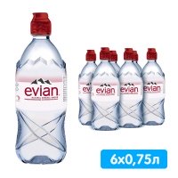 Вода Evian 0.75 литра, спорт, без газа, пэт, 6 шт. в уп.