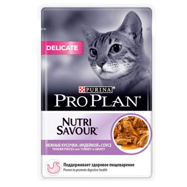 Корм влажный Purina Pro Plan Delicate для кошек нежные кусочки в соусе с индейкой 85 гр