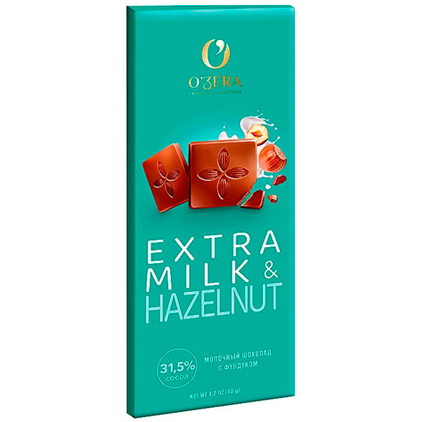 Шоколад OZera Extra milk&Hazelnut молочный с кусочками фундука 90 гр