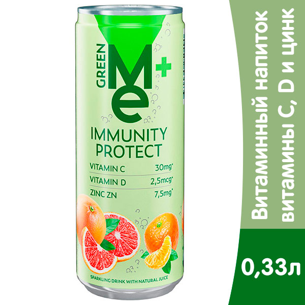 Напиток Green Me+ Immunity Protect с витамином С, D и цинком 0.33 литра, газ, ж/б, 12 шт. в уп.