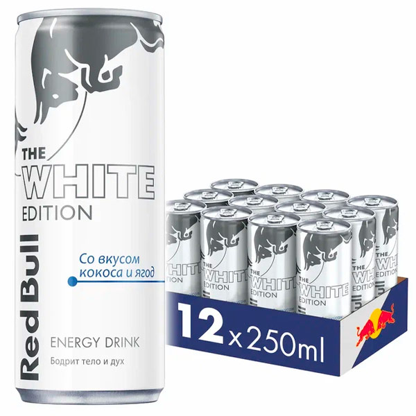Энергетический напиток Red Bull White Edition / Ред Булл со вкусом кокоса и ягод 0,25 литра, ж/б, 12 шт. в уп.