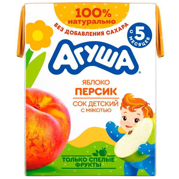 Сок Агуша яблоко-персик с мякотью 0.2 литра, 18 шт. в уп.