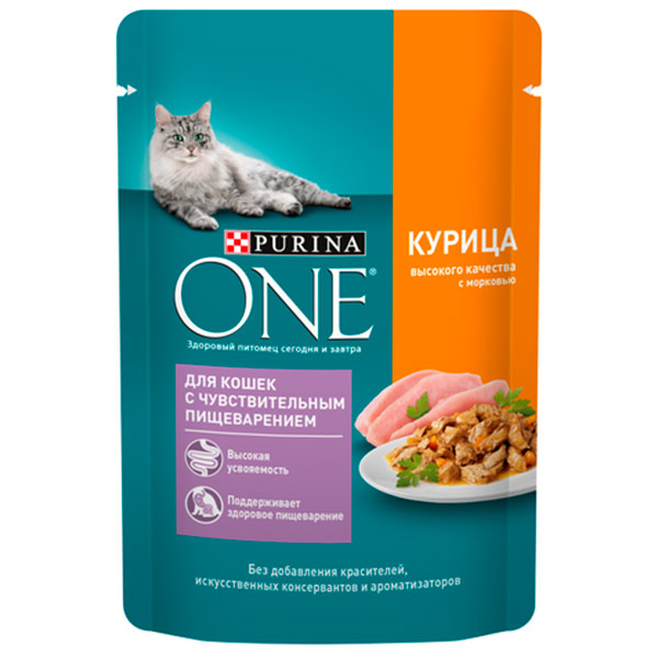 Корм Purina One для кошек с чувствительным пищеварением курица морковь 75 гр., 26 уп.