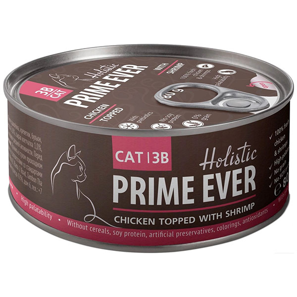 Влажный корм для кошек Prime Ever Holistic 3B с ципленком и креветками в желе 80 гр
