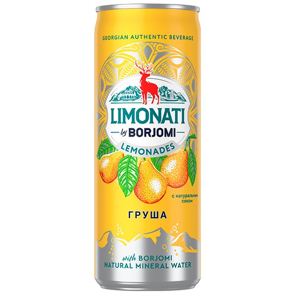 Напиток Limonati by Borjomi с соком груши, газ, ж/б, 0.33 литра, 12 шт. в уп.