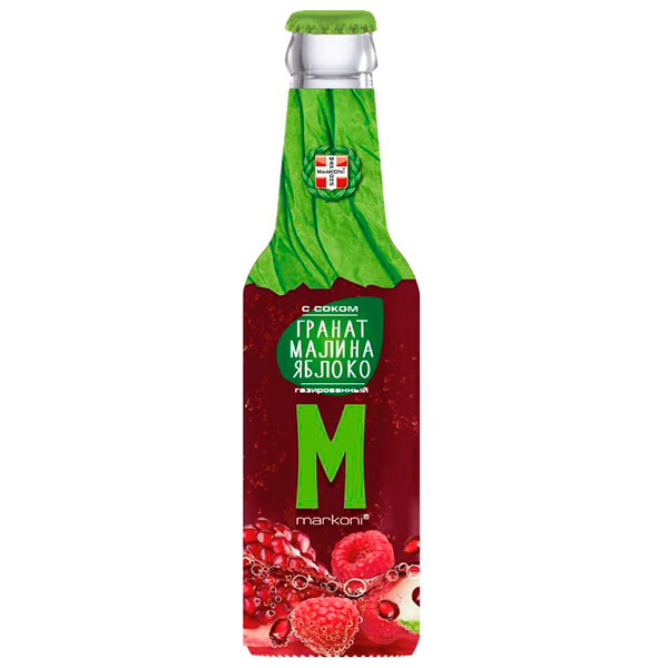 Напиток сокосодержащий Markoni Яблоко-Гранат-Малина 0.25 литра, газ, стекло, 12 шт. в уп.