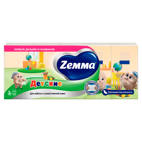 Носовые платочки Zemma Kids детские 3 слоя (10х10 шт)